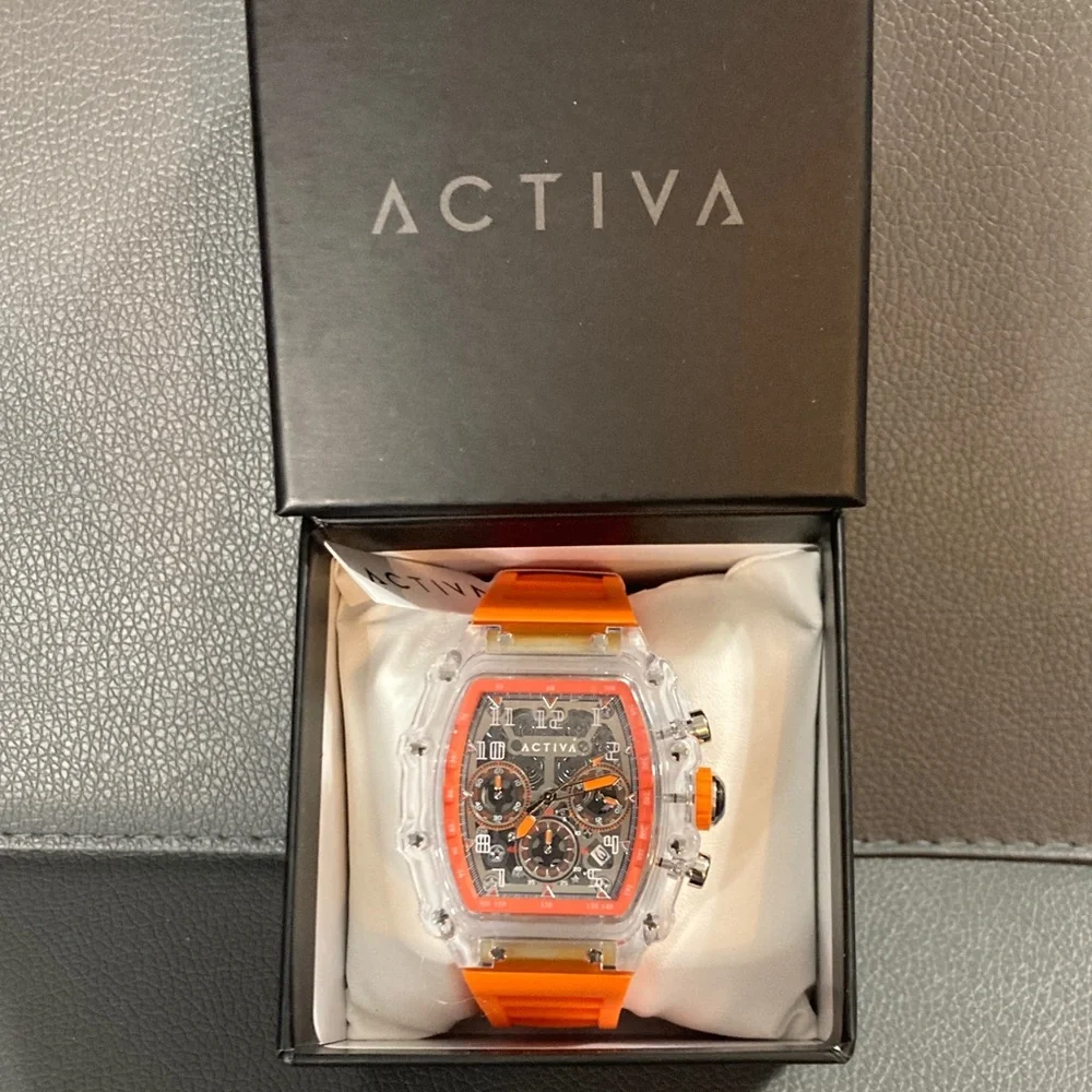 Activa Watch w/ Skeleton Dial 44.3mm, Orange strap/clear face (ACW2305-003)